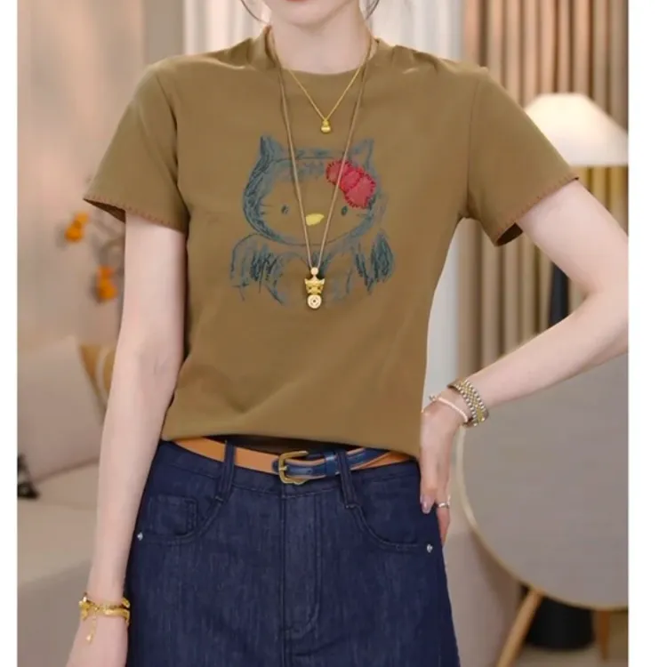 趣味减龄手绘Kt猫咪钉珠T恤2025年夏季新款时尚圆领短袖字母T恤