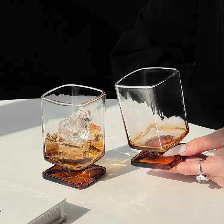 中古风美拉德方形矮脚杯ins风玻璃杯果汁杯冰美式咖啡杯鸡尾酒杯