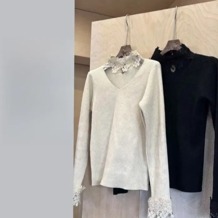 工立体花边打底毛衣5389