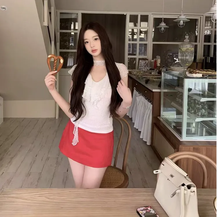 【心动小白花】韩系甜美少女2025夏季新款荷叶边上衣配包臀短裙套装
