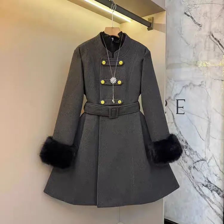 冬季新款胖MM显瘦大码时尚复古高级感毛领A版中长款毛呢外套大衣