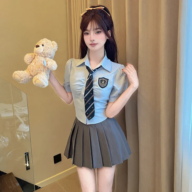 2025新款jk制服套装女夏季学院风纯欲短款衬衫高腰半身短裙两件套