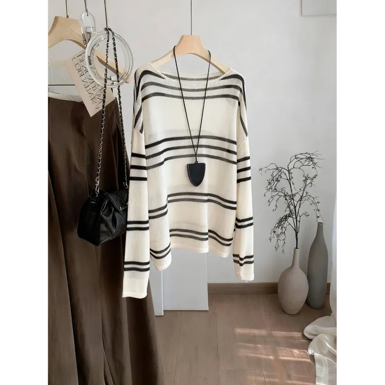 怒推，巨喜欢这件！慵懒风毛衣一字肩宽松条纹长袖针织衫女百搭上衣