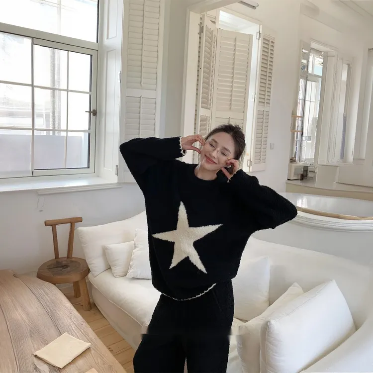 半边绒纯色星星家居服套装秋冬女加厚加绒圆领套头宽松秋冬服装