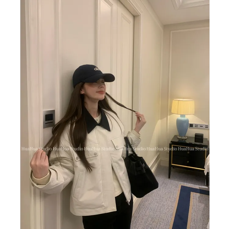 【花花】北海道~韩系简约撞色领百搭短款风衣设计感时尚夹棉外套