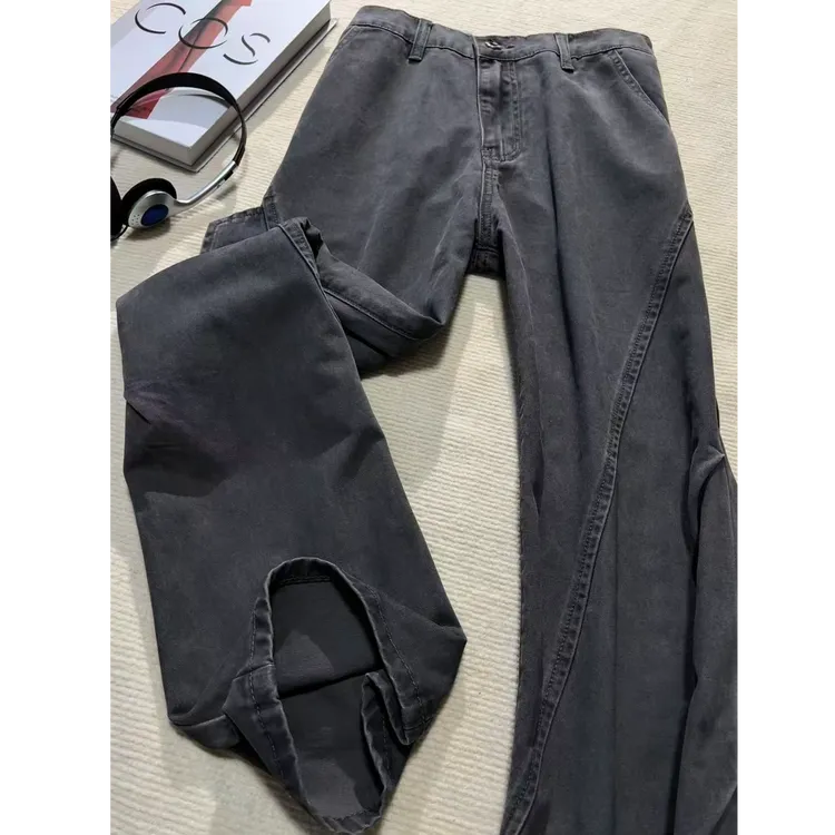 美式复古斜切纯棉牛仔裤男款秋冬褶皱遮肉显瘦工装裤潮牌直筒裤子