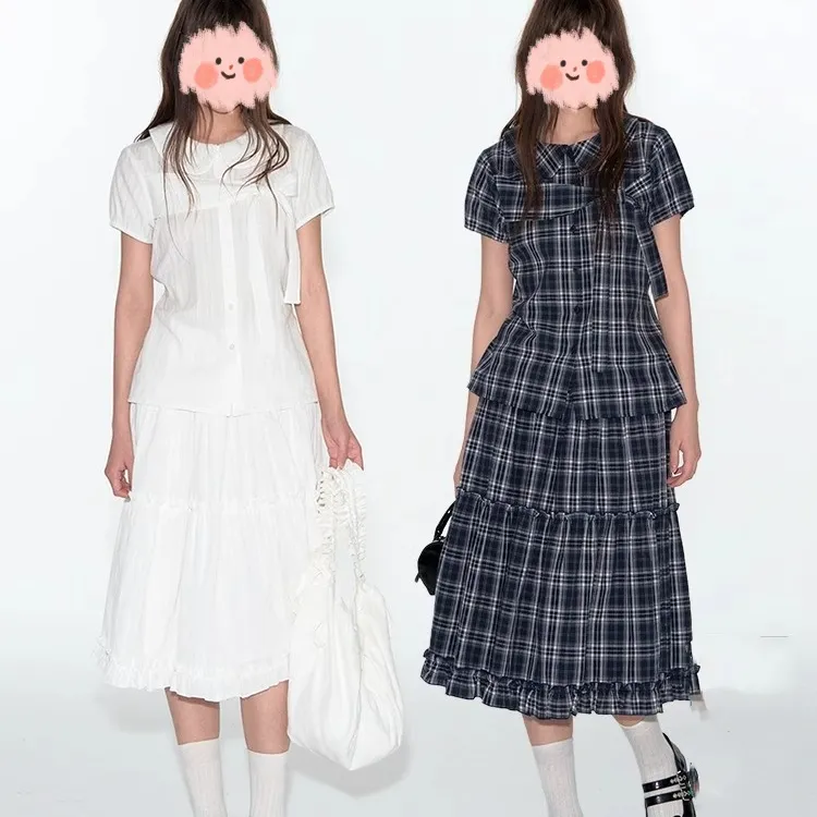 娃娃领绑带衬衫女夏季格子套装甜美棉半裙两件套
