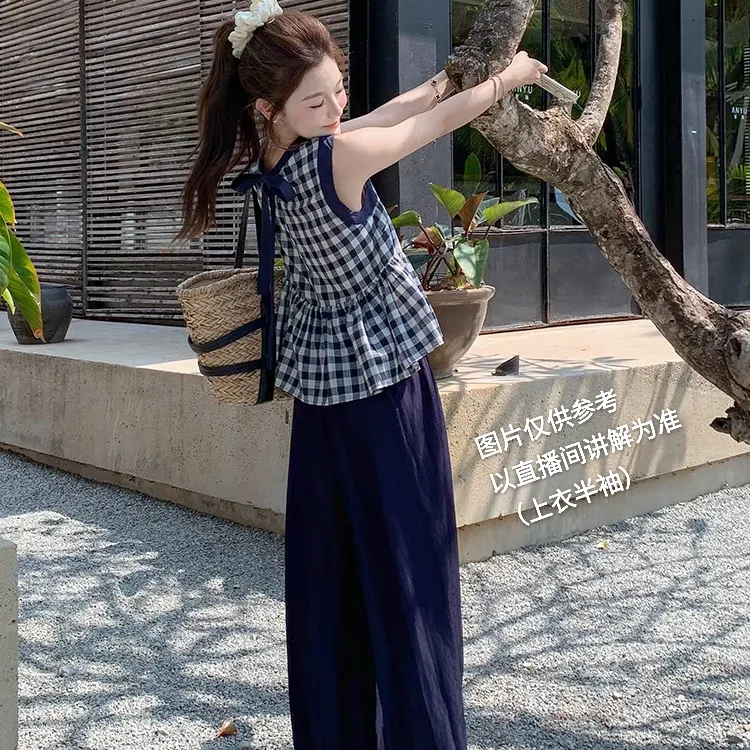 桃亦家·慵懒风格子上衣阔腿裤套装女夏2025新款大码显瘦高级感