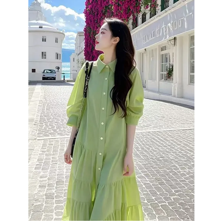 2025春季多巴胺绝美独特漂亮高级感小香风绿色荷叶边衬衫连衣裙女