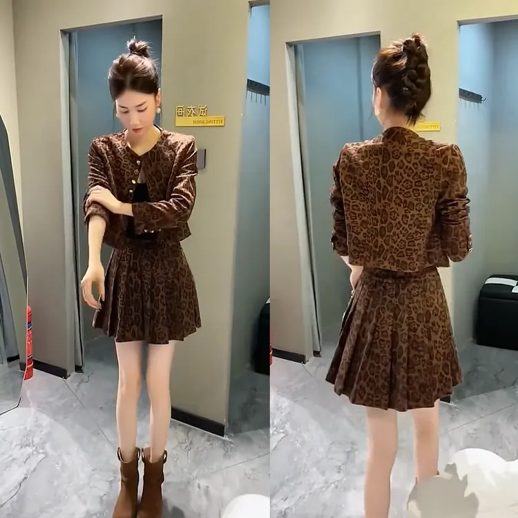 80802秋冬新款 复古豹纹外套+短裙时尚两件套 气质百搭夹克上衣