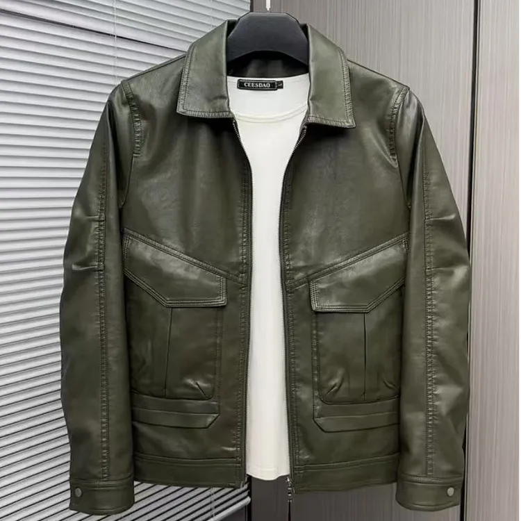 新款高品质男士翻领休闲皮衣外套