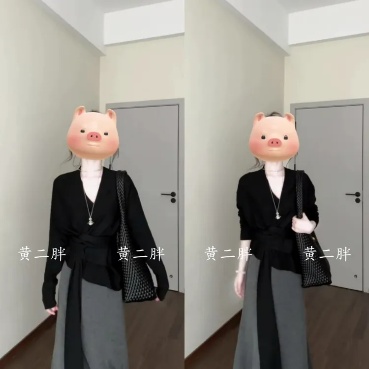 黑色V领不规则系带针织衫女早秋季新款冷淡系御姐风穿搭一整套装
