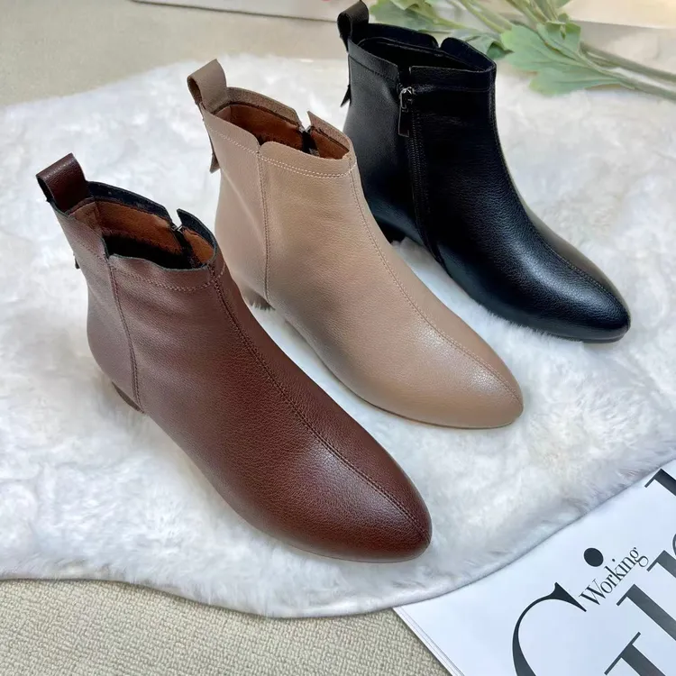 真软皮加绒短靴单里加绒时尚侧拉链粗跟英伦风尖头优雅秋冬