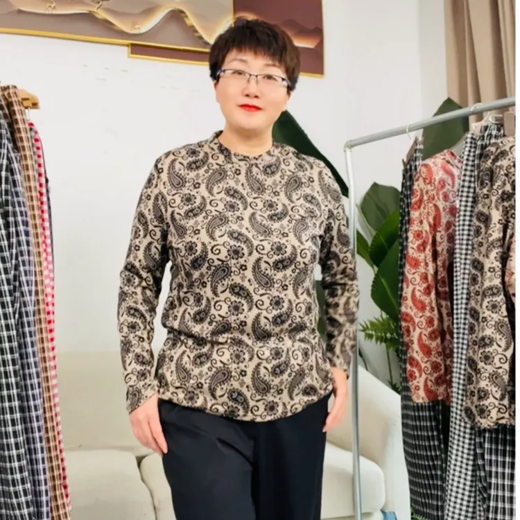 大码腰果花高弹休闲风碎花打底衫女士中老年女装