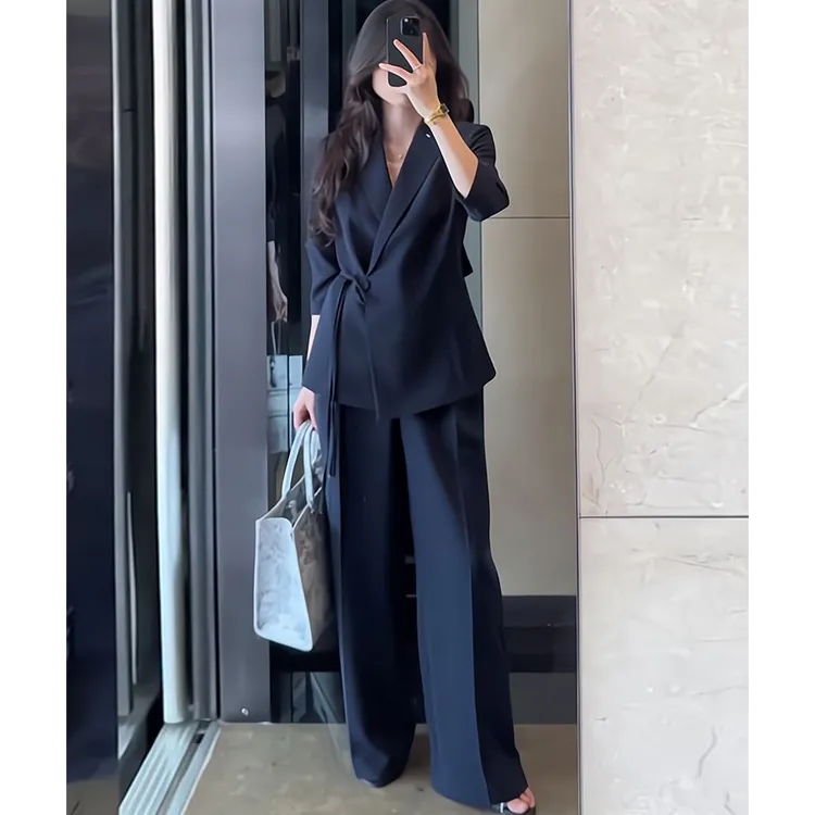 大码藏青色系带西装阔腿裤套装女胖mm春秋新款韩版高级感时尚西服