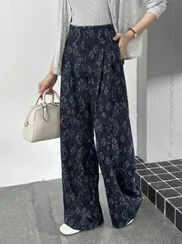 老钱风高腰阔腿裤女秋季复古时尚腰果花休闲长裤2597
