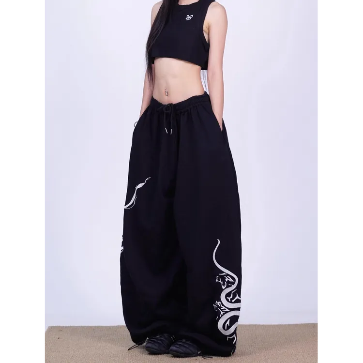 【颖颖专属】美式复古设计感蛇印花休闲卫裤男女宽松春秋冬爵士舞街舞跳舞裤子