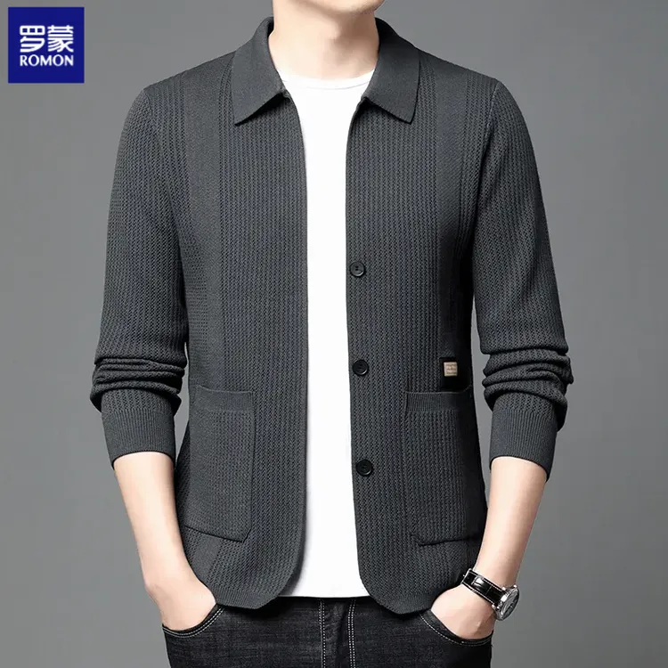 罗蒙2025春秋新款开衫毛衣年轻男士翻领针织衫时尚休闲纯色夹克潮