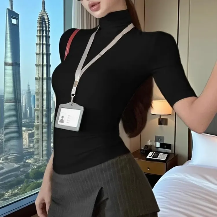 黑色高领中袖正肩T恤女秋季紧身修身内搭打底辣妹收腰显身材上衣