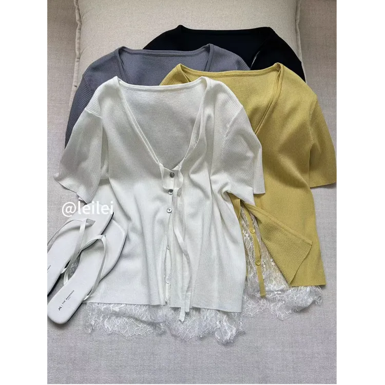 晶咕【半夏风铃】下摆拼蕾丝单排扣短袖上衣时尚休闲百搭