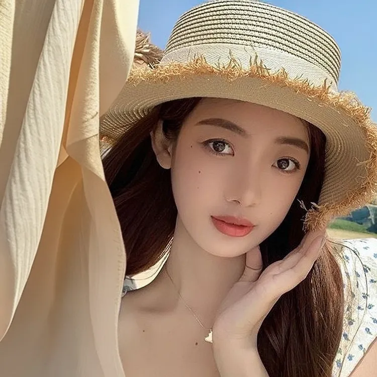 夏季百搭草帽蝴蝶结平顶大头围草编帽子遮阳防晒帽海边度假太阳帽