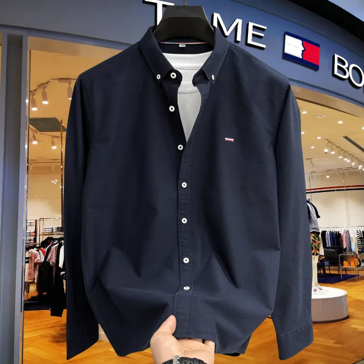 汤米希凯利秋季新款男长袖简约纯色衬衫商务休闲棉牛津纺免烫衬衣