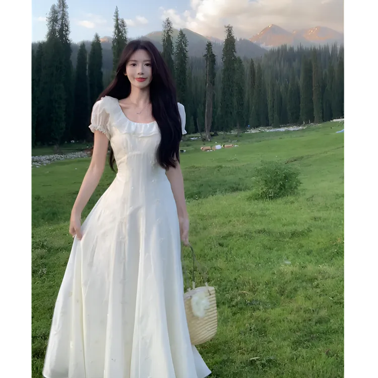 MARIE.COCO韩系甜美一字肩连衣裙高级感方领荷叶边气质收腰长裙子
