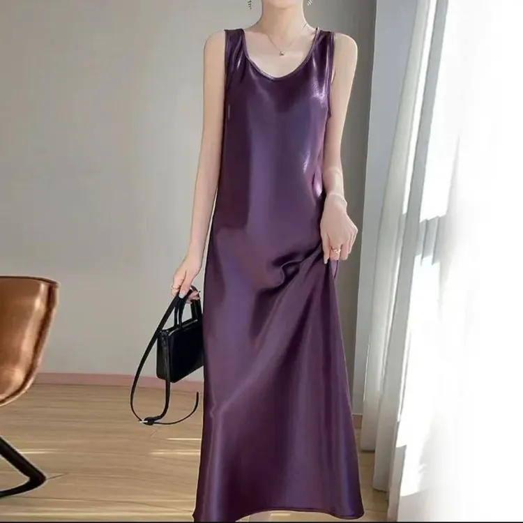 【送飘带】春夏新款醋酸缎背心鱼尾裙连衣裙百搭气质显瘦纯色长裙