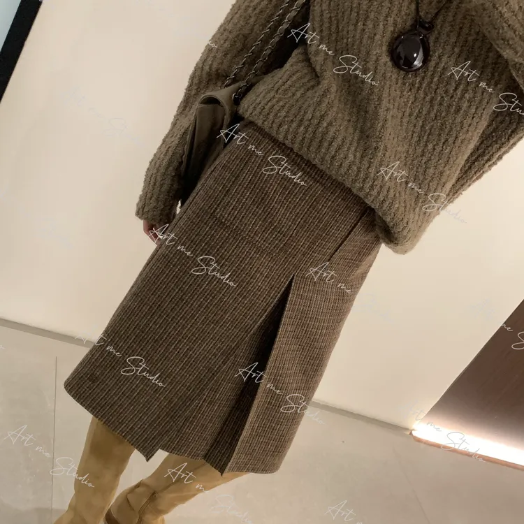 【ART ME】秋冬复古羊毛格纹毛呢通勤高腰开叉半裙w2052l1