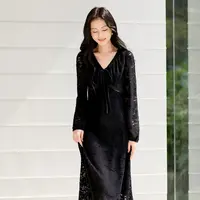 三彩2025秋季新款蕾丝连衣裙法式V领系带A字裙优雅出游洋气长裙S