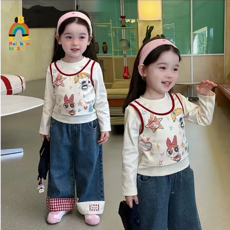 女童韩版套装2025秋季新款儿童卡通涂鸦假两件T恤格子直筒牛仔裤