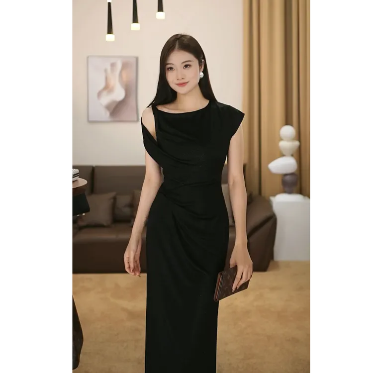 【爱笑】罗曼日记 夏季新款法式收腰显瘦黑色气质连衣裙-VG0181