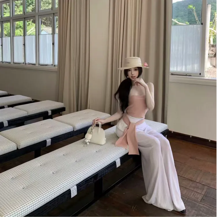 韩系气质女神2025夏季新款ins性感抹胸上衣配高腰垂感休闲裤套装