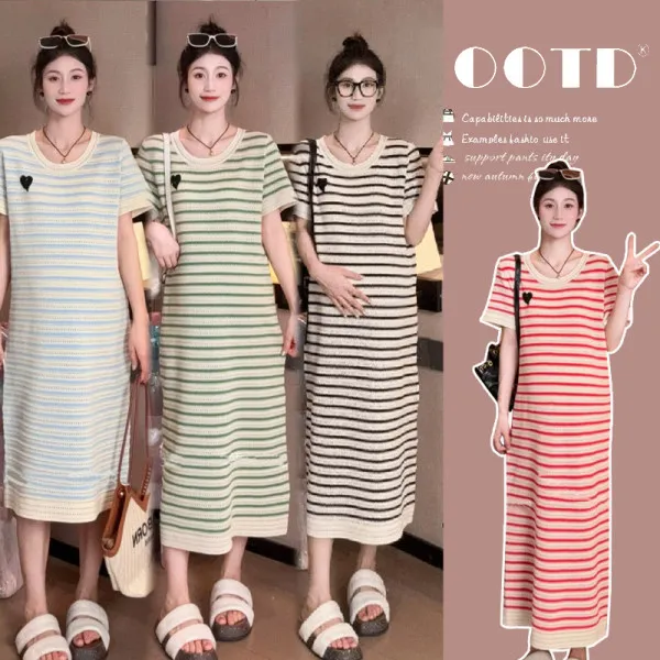 孕妇装新品~2025夏季新款韩版时尚镂空爱心宽松显瘦网红条纹连衣