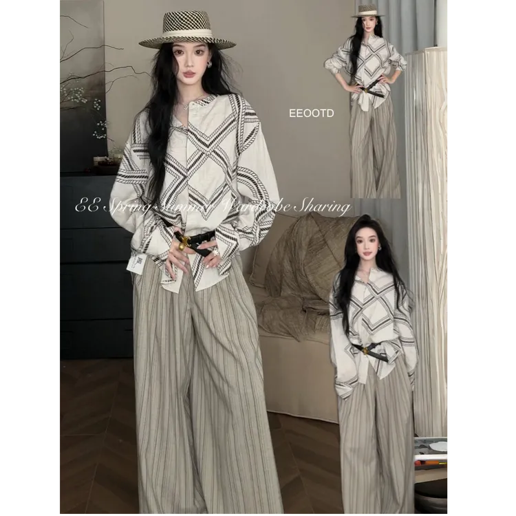MARIE.COCO复古衬衫女2025廓形衬衣开衫休闲百搭上衣休闲长裤套装