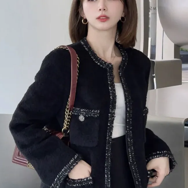 哥弟阿玛施正官方商场同款2025春秋新款羊毛黑色亮丝小香风外套女