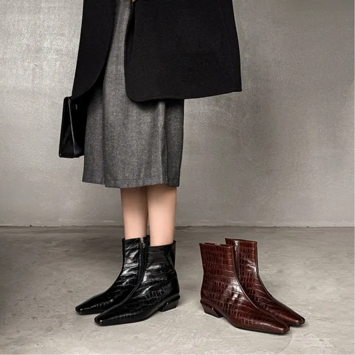 【唐唐家】美拉德棕色老钱风真皮气质短靴高级感牛皮方跟方头时装靴