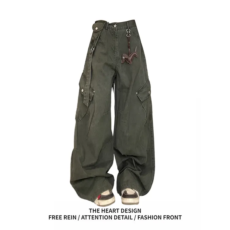 美式复古多口袋弯刀工装裤女秋冬新款设计感宽松阔腿拖地休闲裤子