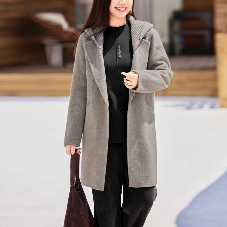 【100%绵羊毛帽子可拆卸】MsShe大码女装冬中长毛呢外套J~M2511021