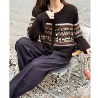 【运费补贴】咖啡色时尚宽松费尔岛女开衫圆领毛衣针织衫显瘦外套