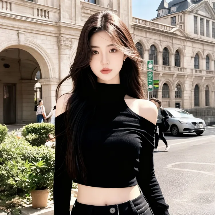 2025秋季新款露肩长袖短款T恤纯欲风辣妹穿搭镂空设计感高领上衣