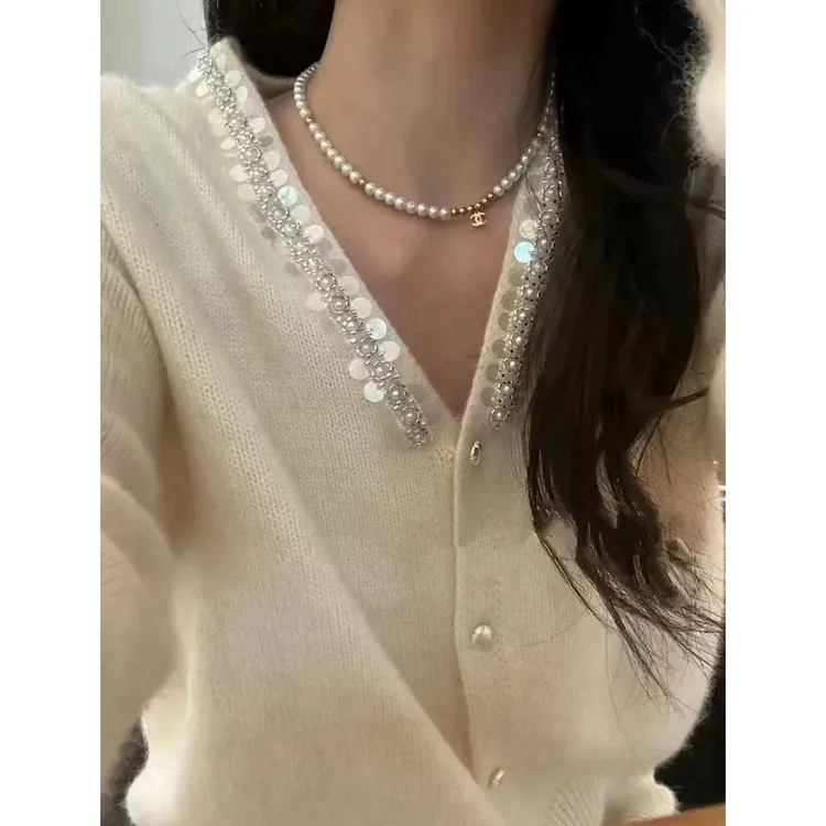 3007【高级感气质亮片领银扣开衫】春季新款女士针织衫外穿上衣