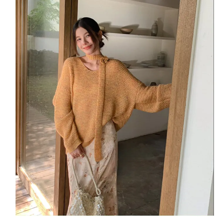 韩系慵懒感玫瑰飘带V领针织毛衣气质提花显瘦鱼尾半身裙套装24913