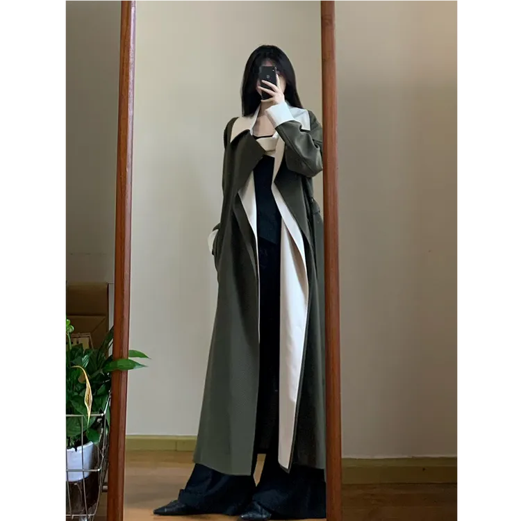 韩系撞色风衣外套女秋季新款设计感小众高级感假两件中长款大衣