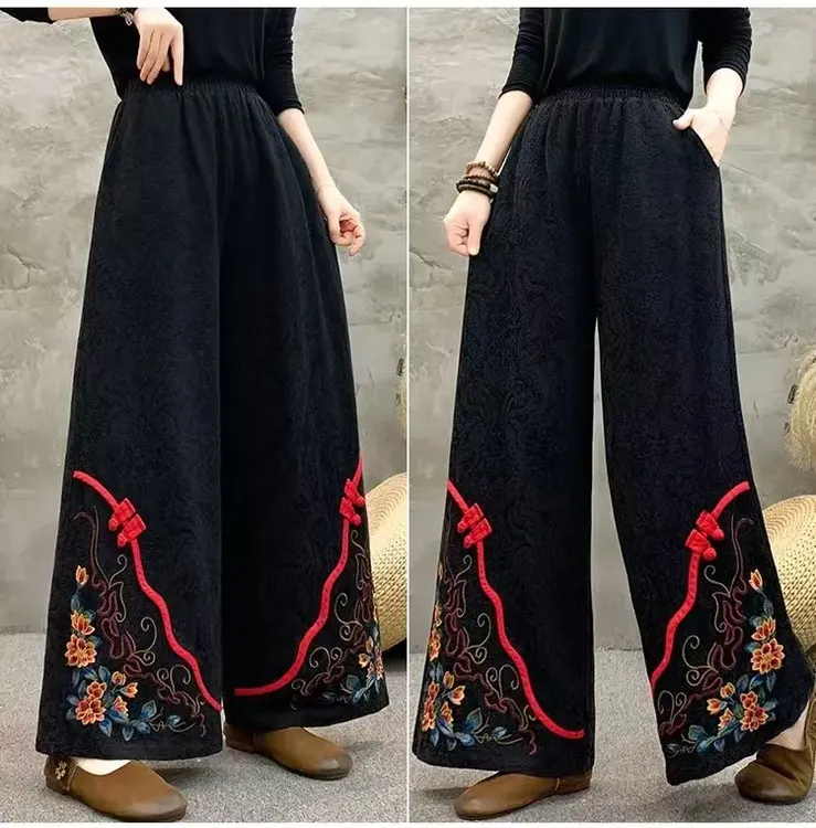 水洗棉麻盘扣刺绣 2025秋冬爆款 老钱风高腰宽松文艺休闲阔腿裤