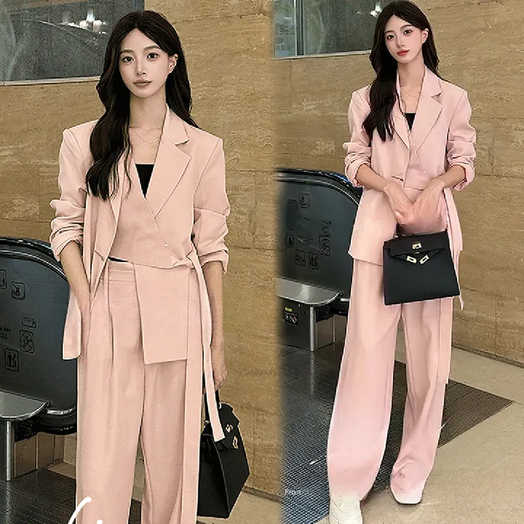 拉夏贝尔时尚西装套装女2025秋季新款洋气显瘦外套阔腿裤两件套潮