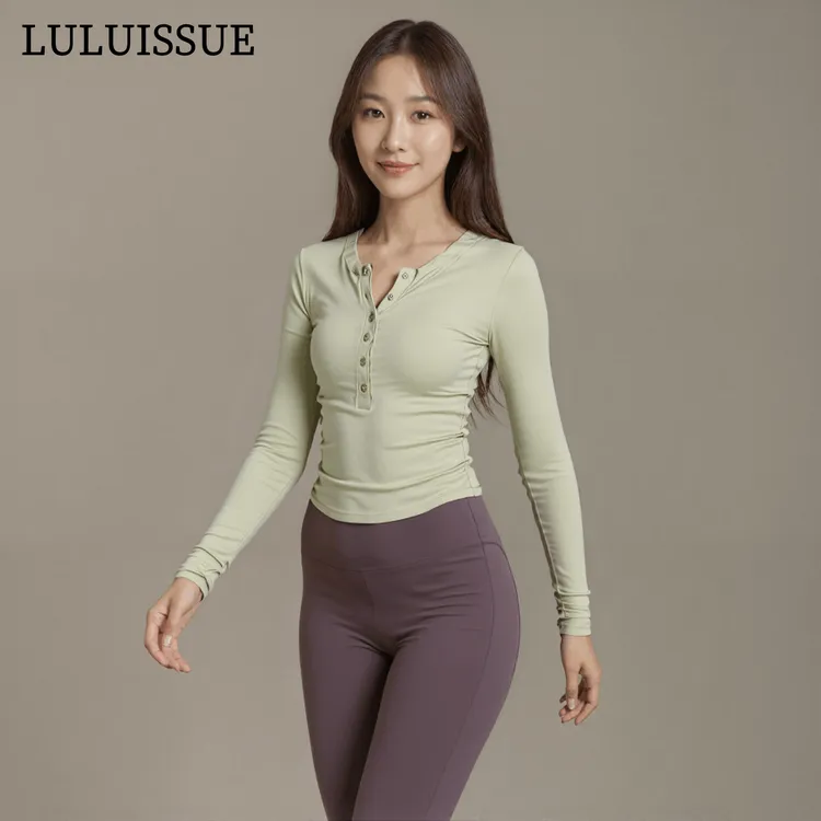 LULUISSUE秋季女瑜伽服罗纹显瘦长袖运动上衣训练修身普拉提健身