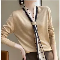 【带定制丝巾】春秋精纺绵羊毛软糯V领长袖针织衫薄款气质上衣