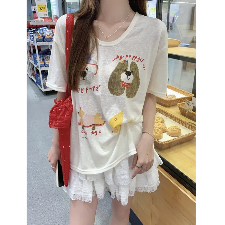  2025夏季新款可爱狗狗卡通印花短袖T恤宽松慵懒风透气罩衫女上衣
