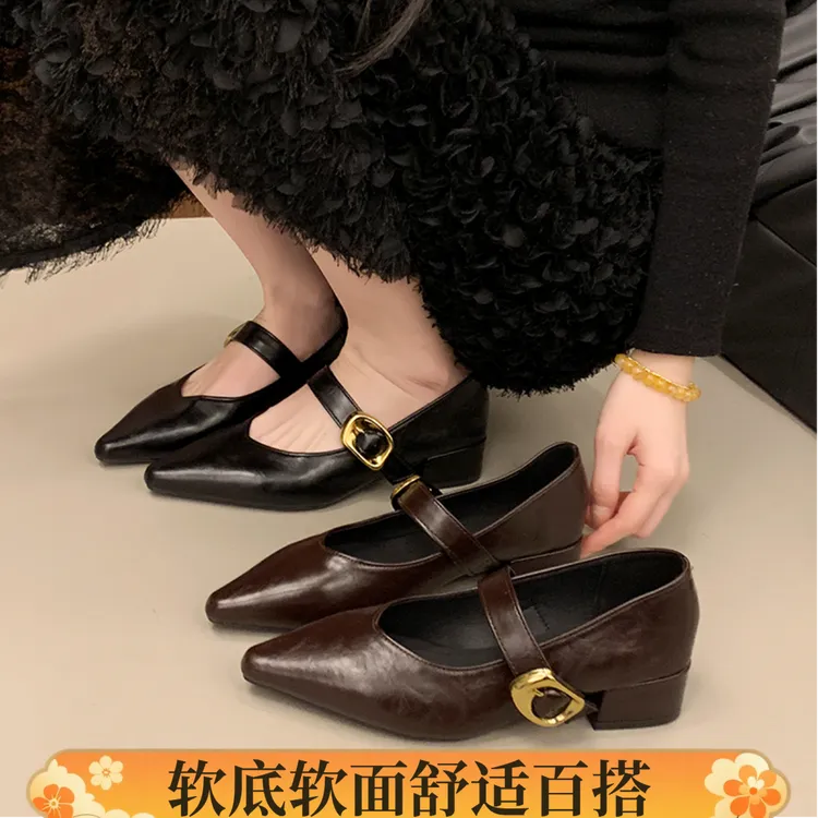 粗跟尖头单鞋女款2025新款爆款气质软底皮鞋百搭粗跟玛丽珍女鞋子